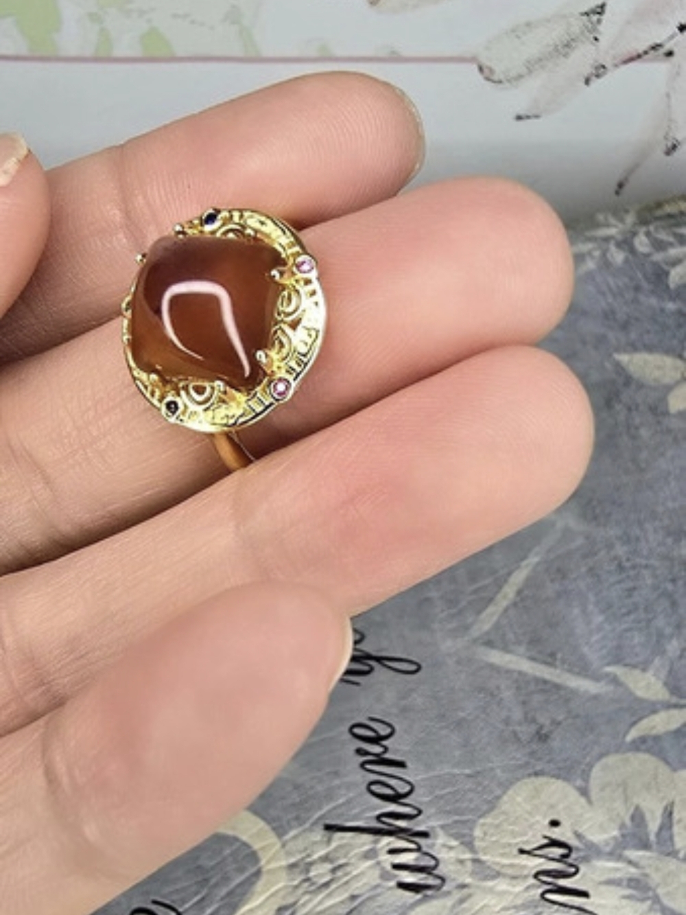 Gift For Her Natural Honey Amber Cocktail Ring, Stamped S925